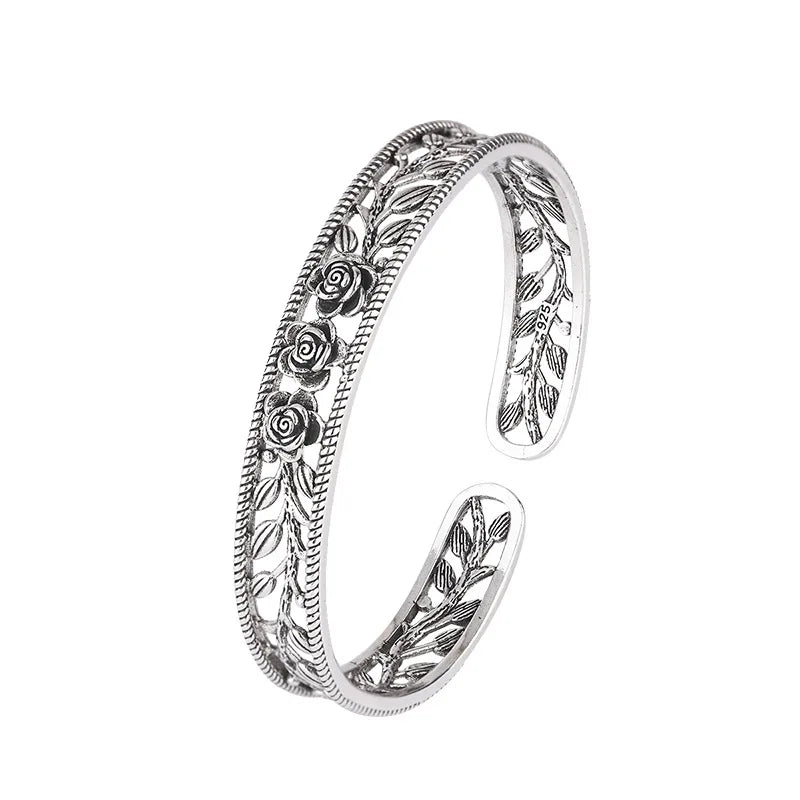 Neue Retro Rose Blatt Hohl Armbänder 925 Sterling Silber Schmuck Temperament Persönlichkeit Süße Blume Öffnung Armreifen TYB119