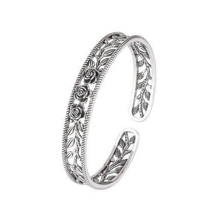 Neue Retro Rose Blatt Hohl Armbänder 925 Sterling Silber Schmuck Temperament Persönlichkeit Süße Blume Öffnung Armreifen TYB119