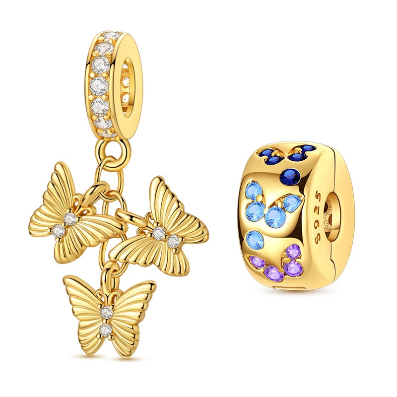 Goldfarbene Charms aus 925er Sterlingsilber, original goldene Sicherheitskette, runder Abstandshalter-Clip-Charm, DIY-Schmuck für Damen, Armband, Geschenk