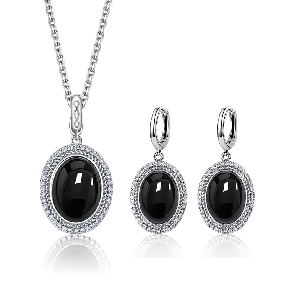 Halskette aus 925er-Sterlingsilber, natürlicher schwarzer Onyx, oval, 10 x 14 mm, mit Cry-Skelett, schlichtes Design, mit Kristall für Damen