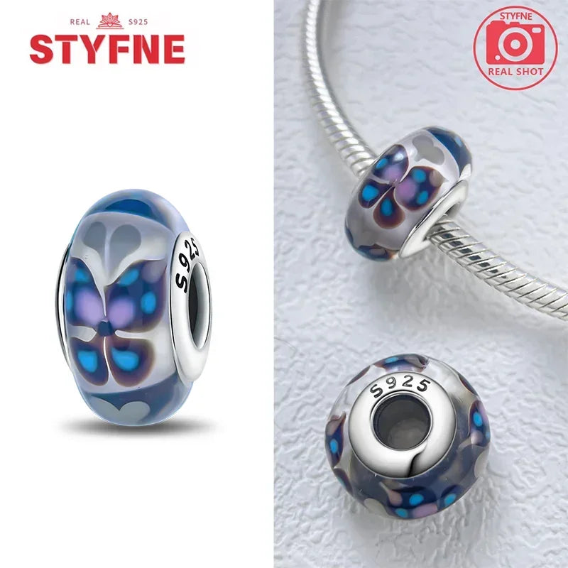 Echtes Sterlingsilber 925, Blumen-Charms, Glas, neue Original-Perle, bunt, Murano, passend für Original-Armbänder, DIY für Frauen, Schmuck, Geschenke