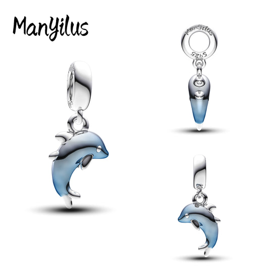 Manyilus S925 Silber Delphin Charm für Original Armband, Ozean Tier Schmuck Anhänger DIY, verspieltes Meeresleben Geschenk
