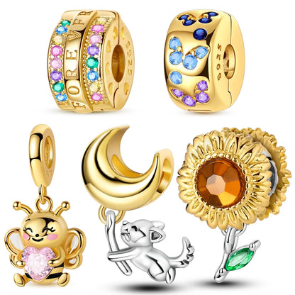 Gold-Serie, DIY-Charms, Original-Charms aus 925er-Sterlingsilber mit eingelegtem Zirkonium, Sonnen- und Leoparden-Anhänger, passend für Armbänder, Schmuck, Geschenkmarkierung