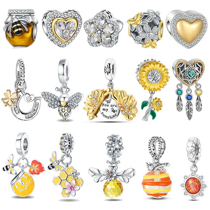 Charms-Perlen aus 925er-Sterlingsilber, modisches Biene- und Honigglas, Sonnenblume, Herbstserie, passend für Original-Armbänder, DIY-Schmuckherstellung