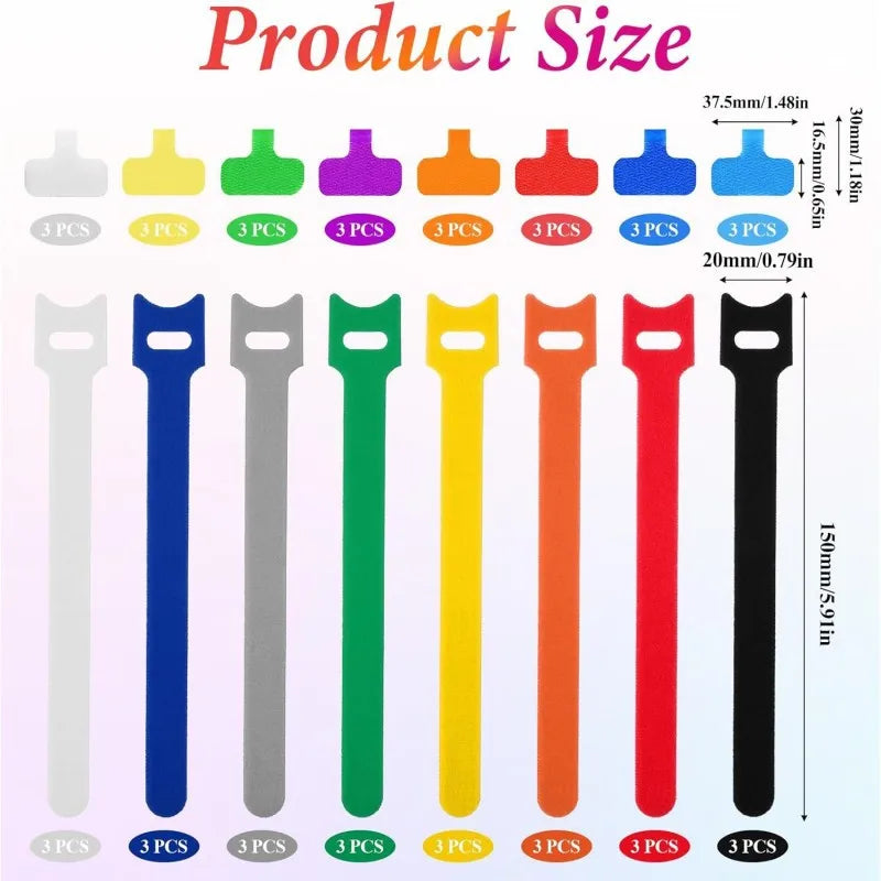 【48-teiliges Kabelbinder- und Etiketten-Set】 24 Nylon-T-Klettverschlussbänder + 24 Etikettentaschen, wiederverwendbares Kabelmanagement-Set für Computer, Schreibtisch