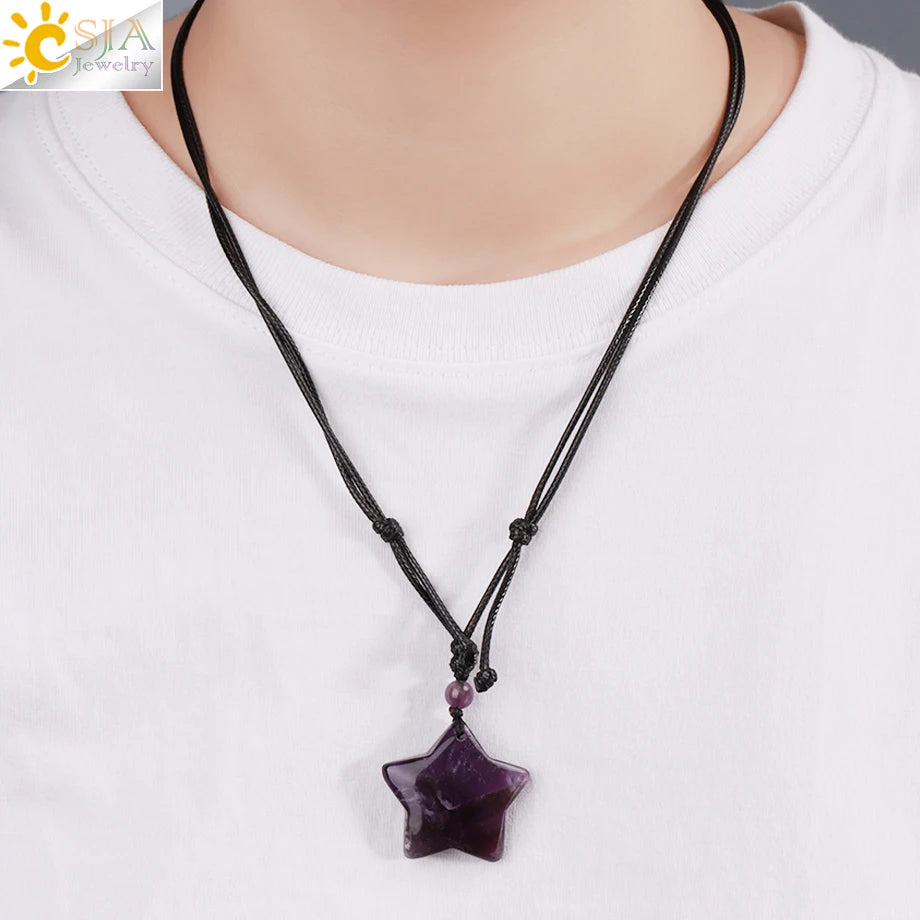 Heilende Stern Kristall Halskette Naturstein Anhänger Tigerauge Amethyst Rosenquarz Schwarz Obsidian Halsketten für Männer Frauen H301
