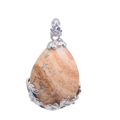 Damen-Naturstein, lila Kristall, Aventurin, Opal, Karneol, Onyx, Rosenquarz, Lapislazuli, Tropfenform, eingelegter Blumenanhänger aus Metall