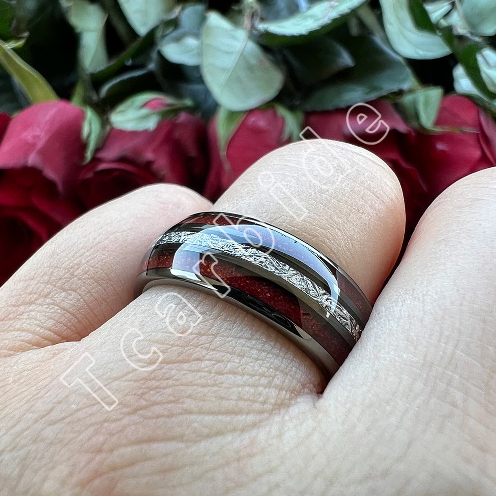 Dropshipping 8MM Männer Frauen Schöne Hochzeit Band Wolfram Rot Opal Ring mit Helle Meteorit Inlay Gewölbt Poliert Komfort Fit