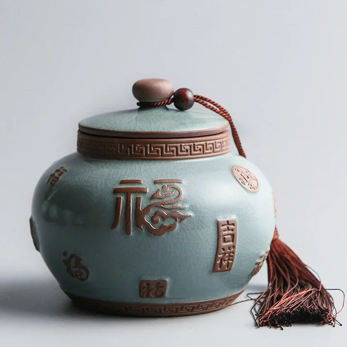 Hand-carved lotus celadon ash pet urn, dog and cat cremation urns, ceramic urns, sealed jar, funeral memorial art, large size