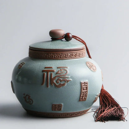 Hand-carved lotus celadon ash pet urn, dog and cat cremation urns, ceramic urns, sealed jar, funeral memorial art, large size