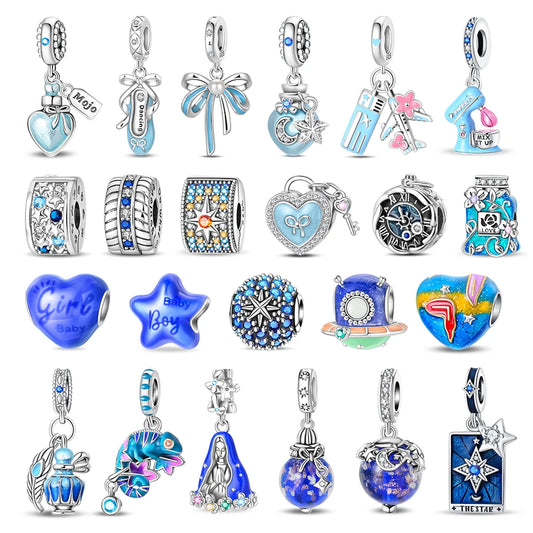 Blaue Serie 925er Sterling Jungfrau Maria Schleife Chamäleon Tanzschuhe Flugzeug Ticket Charm passend für DIY Armband Halskette süße Geschenke