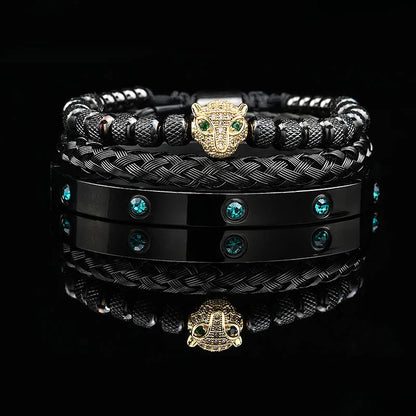 Luxus Schwarz Stein Perlen Leopard Kopf Mann Armband Emaille Edelstahl Römischen Armreifen Frauen Schmuck Set