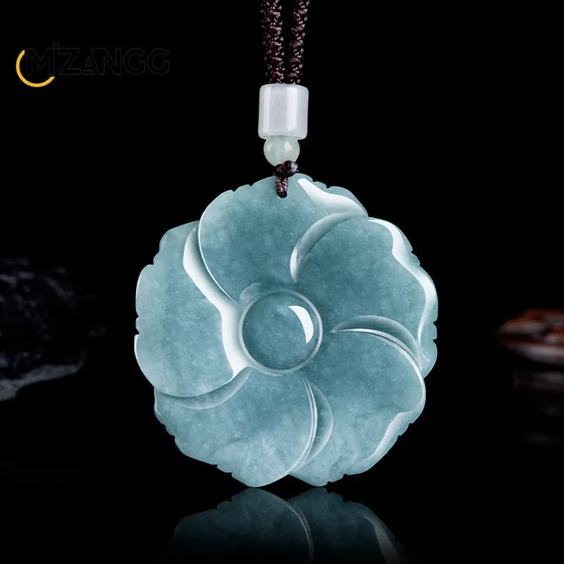 Natürliche EINE Waren Jadeit Blau Wasser Pfingstrose Anhänger Blumen Reiche Mode Luxus Charme Frauen Jade Halskette Schmuck Urlaub Geschenk