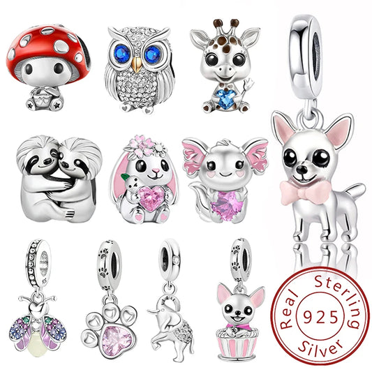 Charms aus 925er-Sterlingsilber mit Tierhantel, niedlicher rosa Hund, Perlen, passend für DIY-Armbänder, Armreifen, Geschenk von hochwertigem Schmuck
