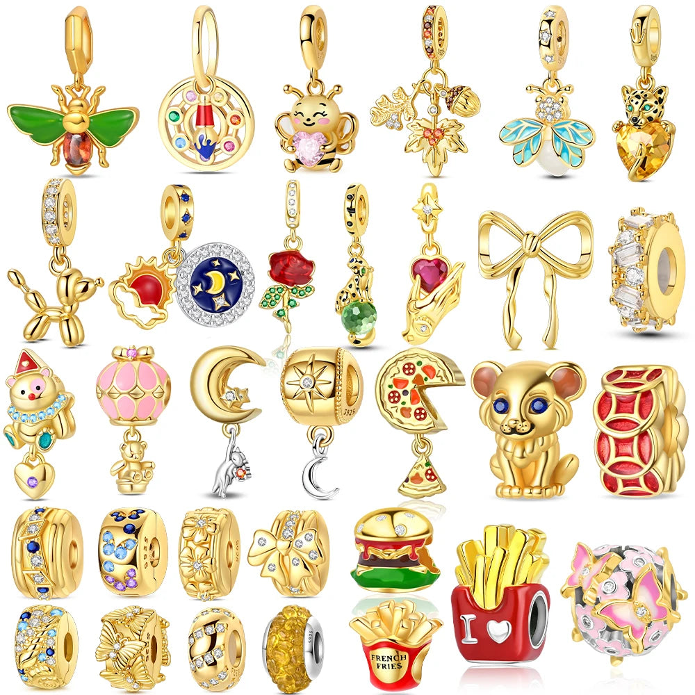 Original funkelnde Charm-Perlen aus 925er-Sterlingsilber, Gold, Rose, heller Stern, Herz, passend für Armbänder, DIY-Jubiläums-Schmuck, Geschenk