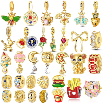 Original funkelnde Charm-Perlen aus 925er-Sterlingsilber, Gold, Rose, heller Stern, Herz, passend für Armbänder, DIY-Jubiläums-Schmuck, Geschenk