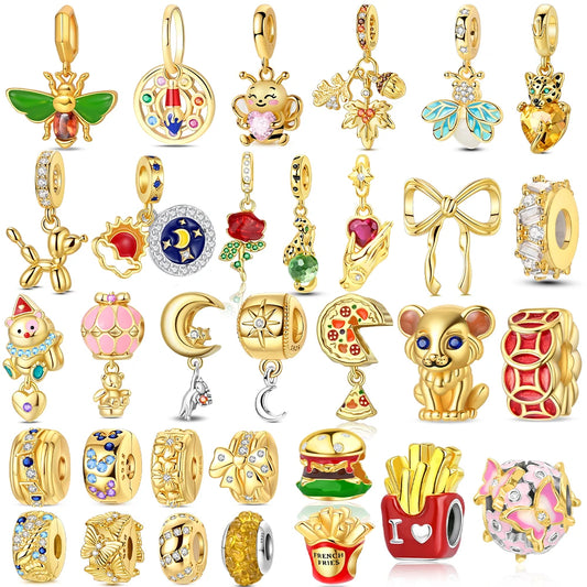 Original funkelnde Charm-Perlen aus 925er-Sterlingsilber, Gold, Rose, heller Stern, Herz, passend für Armbänder, DIY-Jubiläums-Schmuck, Geschenk