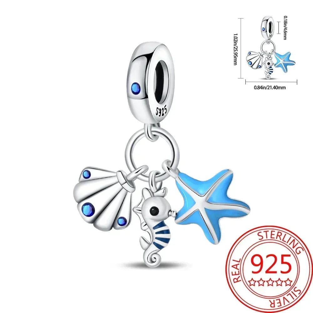 Charms-Anhänger aus 925er-Sterlingsilber mit blauen Ozean-Serie, passend für das DIY-Armband der Marke, Damenschmuck, Geschenke für Freundin