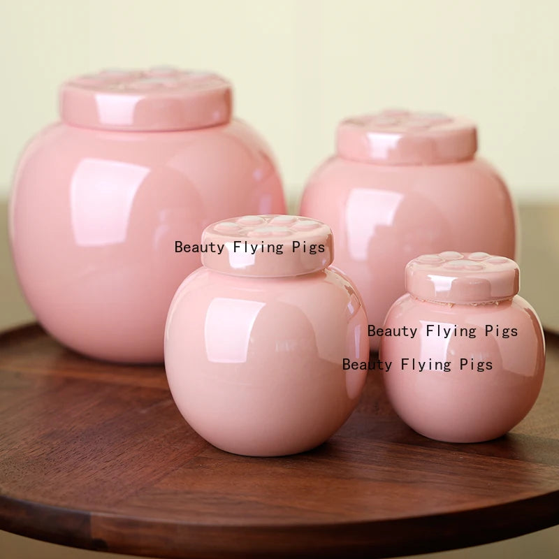 1 Piece Pink Ceramic Urn with Claw Print for Ashes, Small Cat and Dog Ceramic Ash Storage Jar, Pink Pet Hair Jar, Pet Funeral Supplies