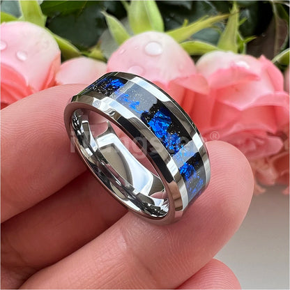 iTungsten 8 mm schwarze/silberne Wolfram-Eheringe für Männer und Frauen mit blauen Folien, abgeschrägte Kanten, polnisch, glänzend, bequeme Passform
