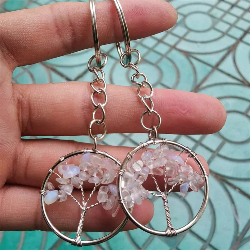 10 stücke Frauen natürlichen Chip Quarz Stein Perle 30mm Herz runden Baum des Lebens Schlüssel anhänger Lanyard Großhandel Schlüssel ringe