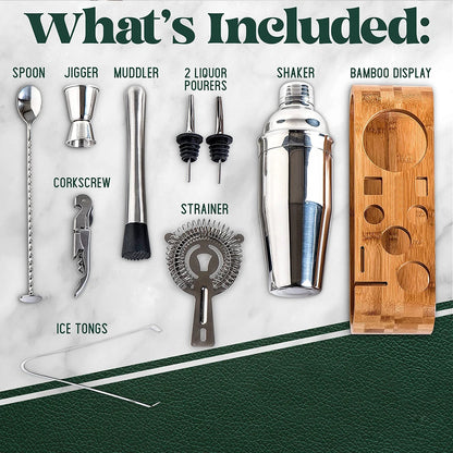 Mixology Barkeeper Kit 10-teiliges Bar-Werkzeugset mit Bambusständer Martini-Cocktail-Shaker-Set für ein perfektes Getränkemisch-Erlebnis