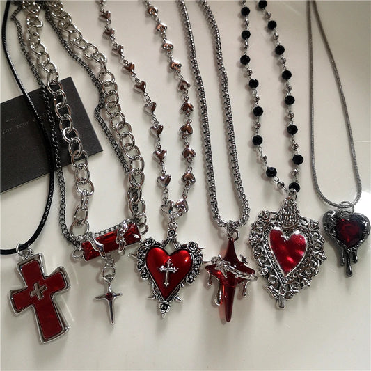 Gothic Rotes Kreuz Stern Herz Anhänger Halskette Für Frauen Männer Hip Hop Straße Vintage Y2K Grunge Punk Y2K Ästhetischen Schmuck Geschenke