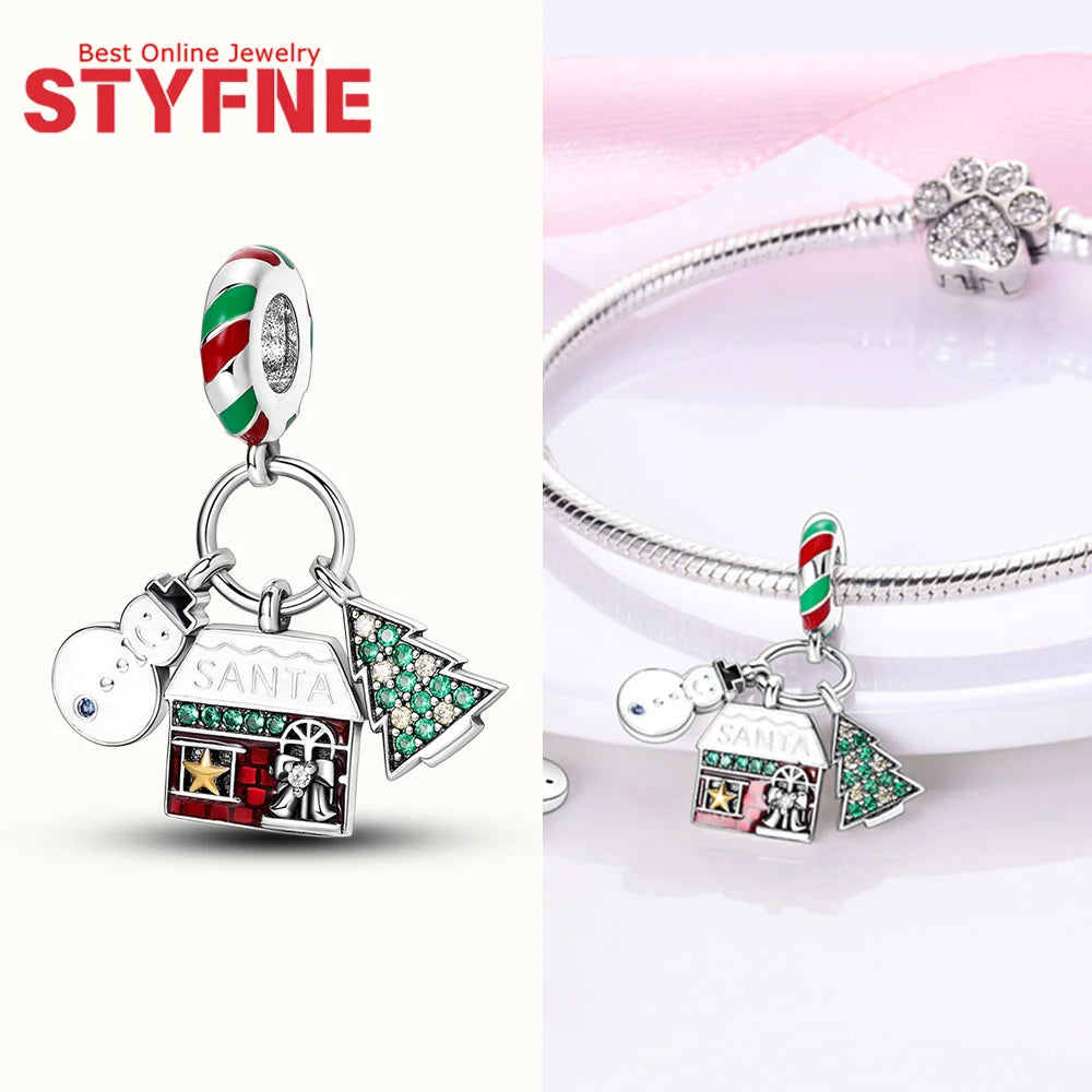S925 Silber Weihnachten Schneeflocke Charms Herzförmige Glänzende Zirkon Perle Fit Original Armband Diy Edlen Schmuck Weihnachten Geschenk