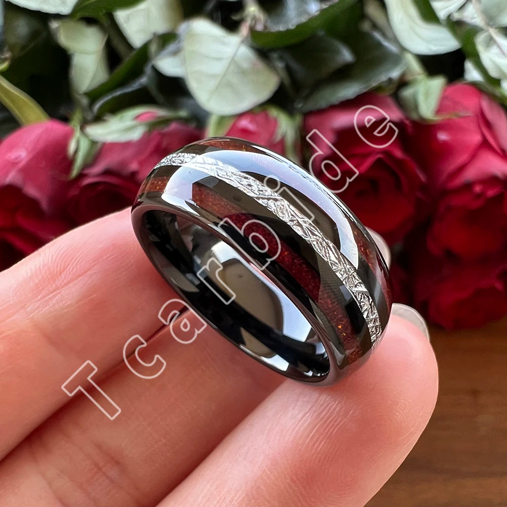 Dropshipping 8MM Männer Frauen Schöne Hochzeit Band Wolfram Rot Opal Ring mit Helle Meteorit Inlay Gewölbt Poliert Komfort Fit