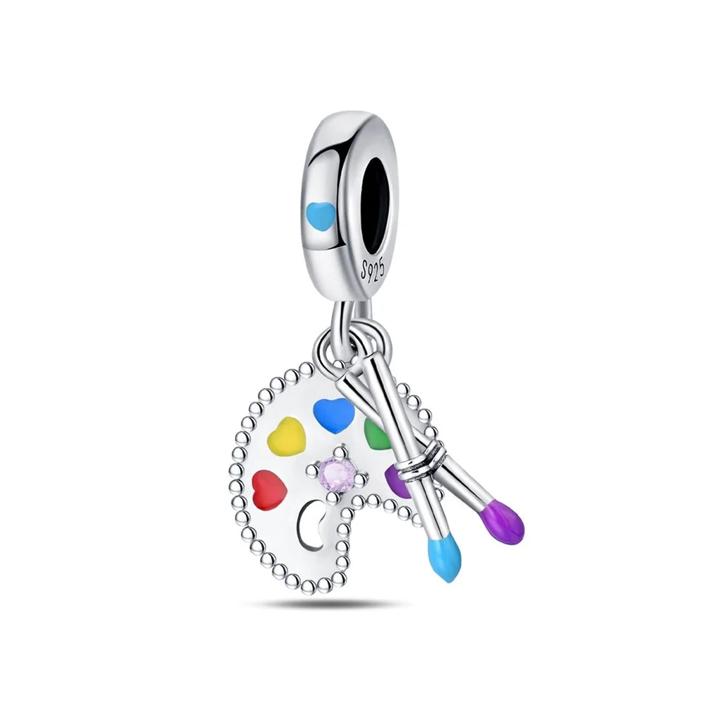 Malerei Kunst 925 Sterling Silber Verträumter Sternenhimmel Künstler Zeichenbrett Pinsel Schnur Fit DIY Armband Halskette Galerie Geschenke