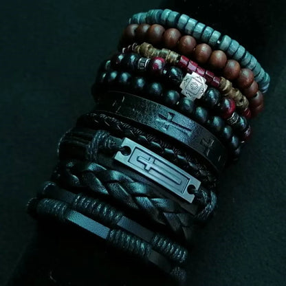 Khaki Tree 10Pcs/Set Black Wrap Woven Fashion Handmade Men Bracelets Male Women Leather Bracelets Men Bangle Wholesale Jewelry