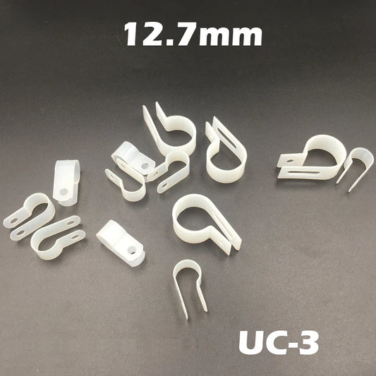 90 Stück UC-3 12,7 mm 1/2 Zoll weißer Kunststoff-Nylondraht-Schlauch, Fansten R-Typ, fester Kabelbinder, Organizer-Halter, R-Clip-Klemme
