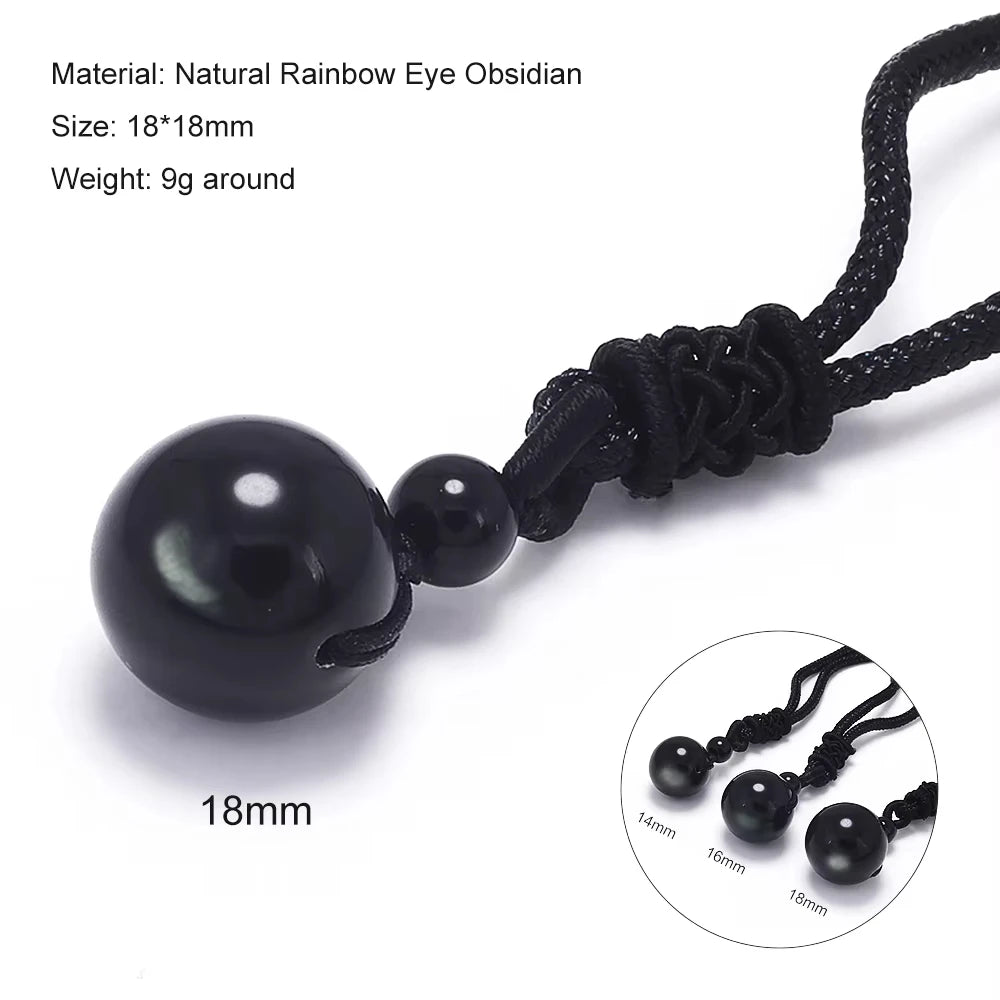 Halsketten und Anhänger aus Naturstein für Damen und Herren, schwarzer Obsidian, Regenbogenaugenperlen, Kugeltransfer, Lucky Love