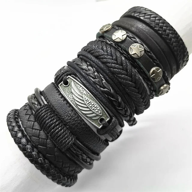10 Pcs/Set Black Wrap Woven New Fashion Handmade Men Bracelets Male Women Leather Bracelets Men Bangle Wholesale Jewelry Gift