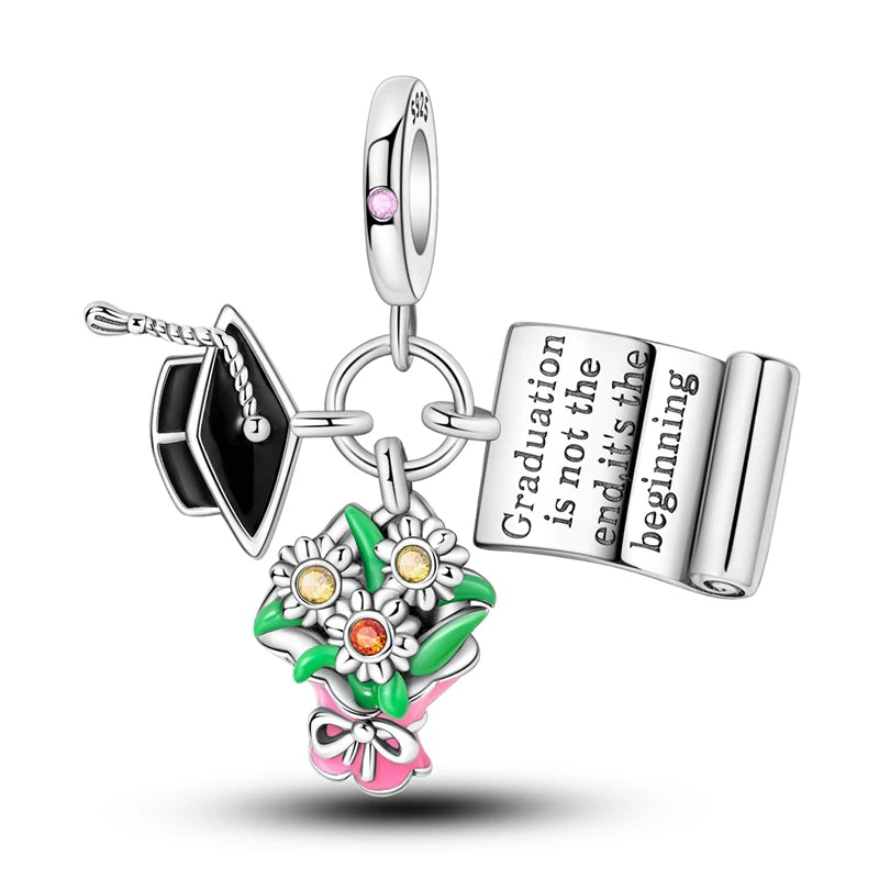 Graduation Series Original Charms Perlen Anhänger 925 Sterling Silber Blumen Kappe Herz Charms für Armband DIY Party Schmuck Geschenk