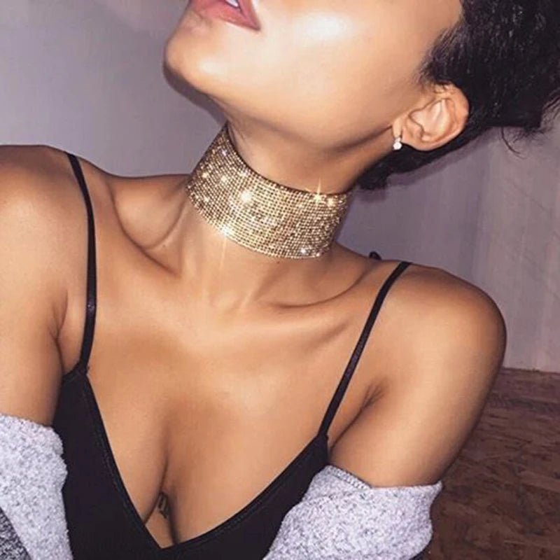 FestivalQueen Luxus-Halsband mit glitzernden Strasssteinen für Damen, breite Kragenkette, Promi-Schmuck, Geschenke, Bar, Nachtclub 2024
