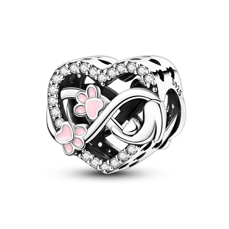 Bezaubernde herzförmige Perlen aus 925er-Sterlingsilber, Familie, Liebe, Tier, Fußabdruck, Charm-Armband, Halskette, passend für Frauen, DIY-Urlaubsgeschenke