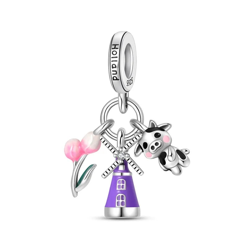 Lila Serie 925 Sterling Silber Traubenblüten Weinflasche Lebensbaum Tulpen Schnur-Dekoration Passend für DIY Armband Halskette Geschenk