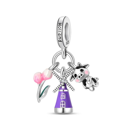 Lila Serie 925 Sterling Silber Traubenblüten Weinflasche Lebensbaum Tulpen Schnur-Dekoration Passend für DIY Armband Halskette Geschenk