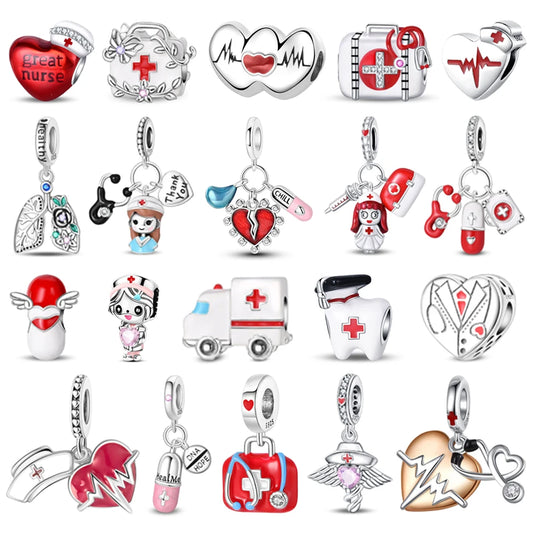 Klassische Krankenwagenperlen und Pillen-Stethoskop-Medizinbox aus 925er-Sterlingsilber, baumelnder Charm, passend für Armbänder, Krankenschwester-Tag-Anhänger, Geschenke