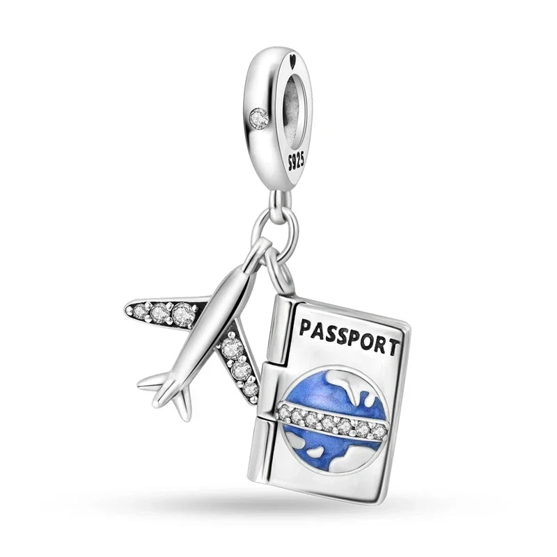 Reisepass-Charms aus 925er-Sterlingsilber, passend für Original-Armbänder, DIY-Flugzeug-Erde-Perlen für die Schmuckherstellung als Geschenk