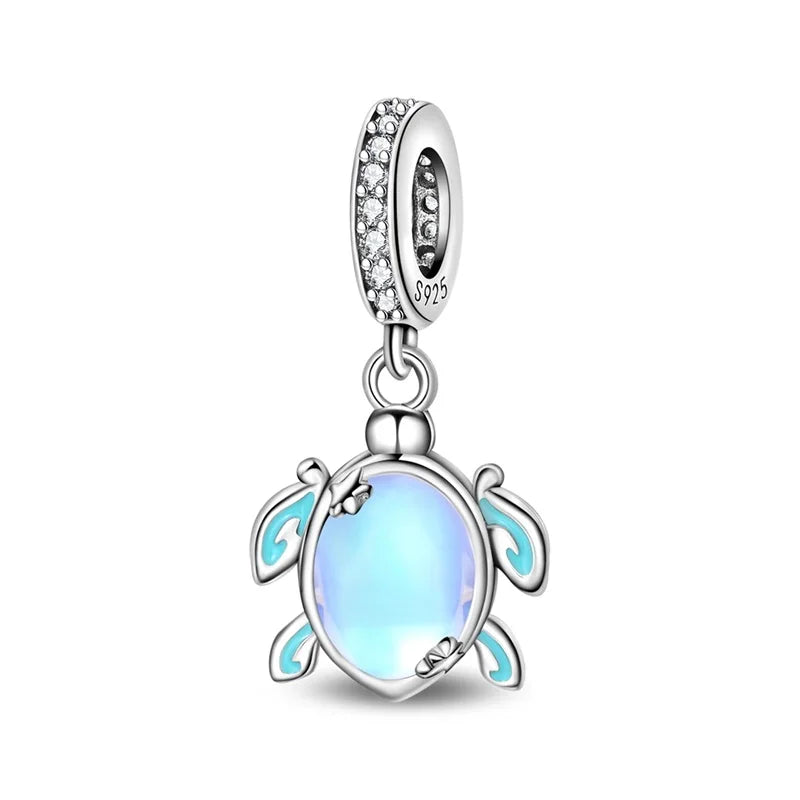 Exquisite Seestern-Perlen aus 925er-Sterlingsilber und vierblättriges Kleeblatt, baumelnder Charm für Armbänder und Halsketten, blaues romantisches Anhänger-Geschenk