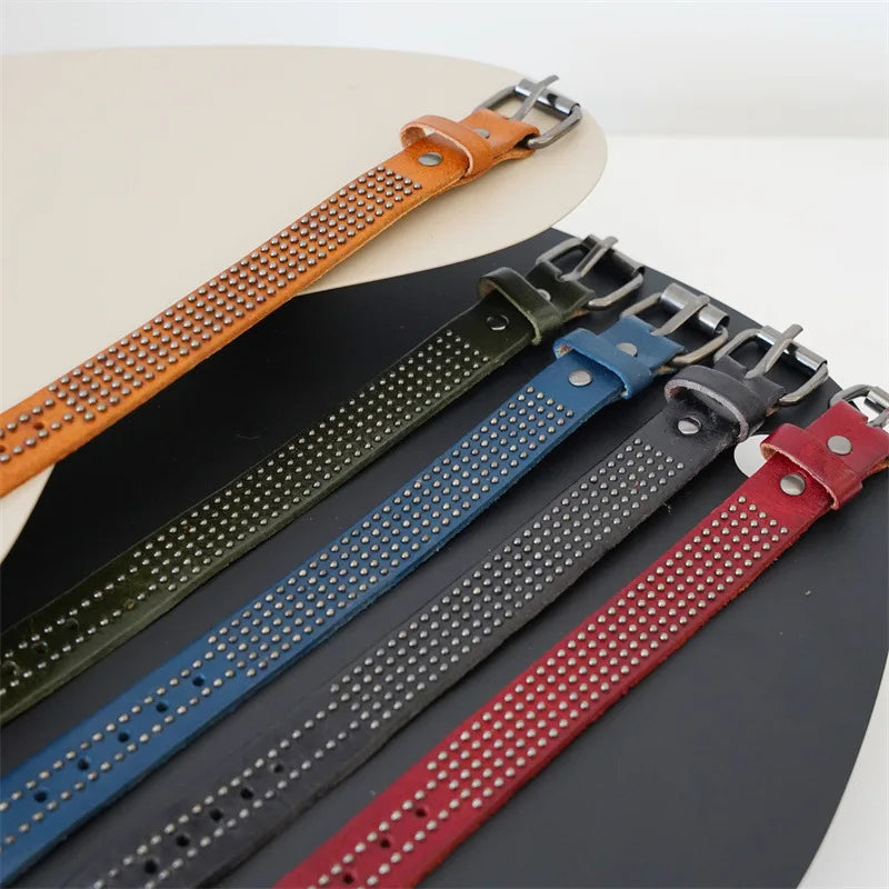 MKENDN Vintage pflanzlich gegerbtes Rindsleder-Manschettenarmband für Männer und Frauen, Punk-Armreif, geriebenes Distressed-Denim-farbiges Armband