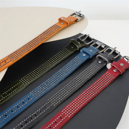 MKENDN Vintage pflanzlich gegerbtes Rindsleder-Manschettenarmband für Männer und Frauen, Punk-Armreif, geriebenes Distressed-Denim-farbiges Armband