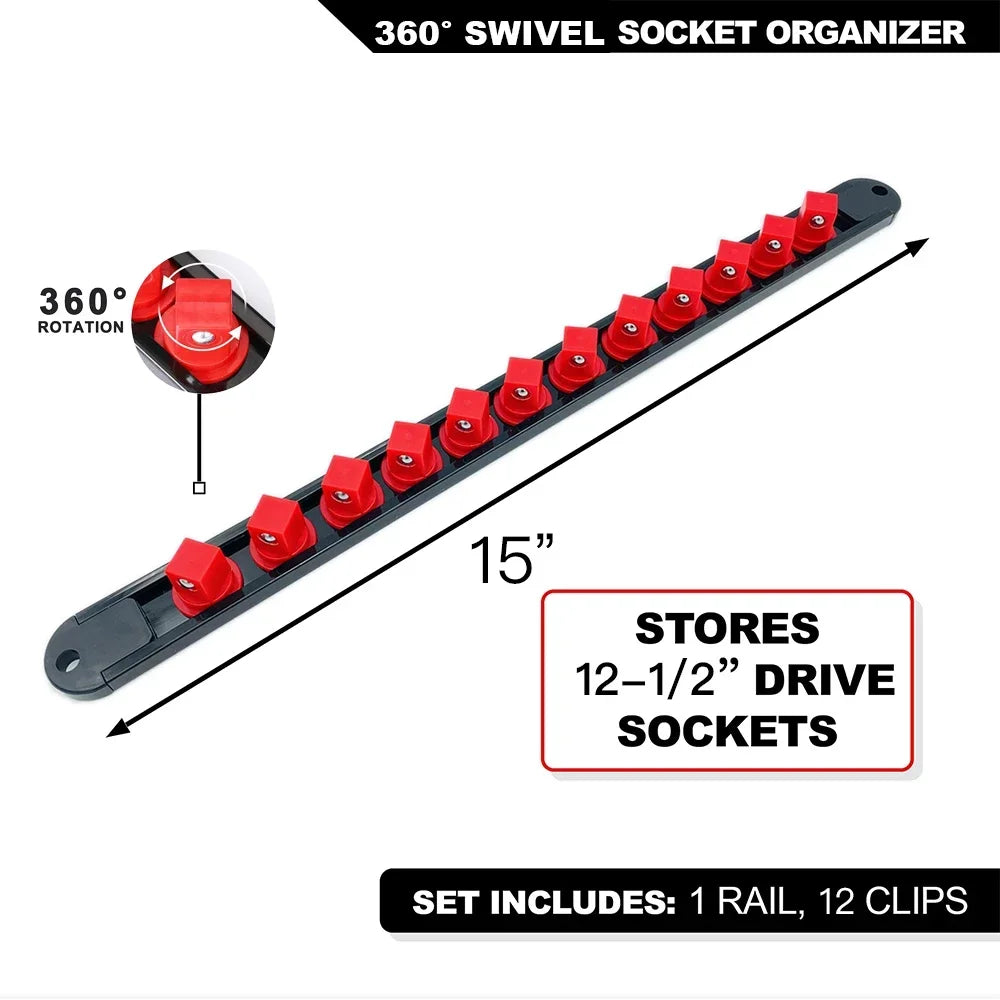 360 °   Drehbarer ABS-Sockel-Organizer, 1/4 Zoll, 3/8 Zoll, 1/2 Zoll, Premium-Qualität, Sockel-Clip-Schienenhalter, Steckdosen-Organizer, Werkzeuge, Blau und Rot