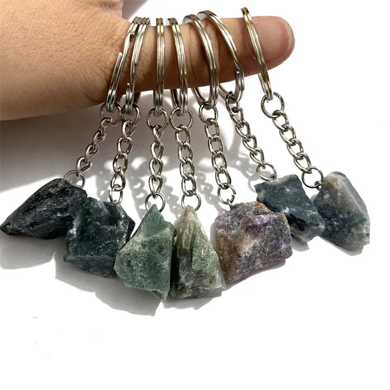 20 stücke Natürliche Raue Rohstein Kristall Quarz Schlüsselbund Frauen Männer Handtasche Hangle Auto Schlüssel Halter Raw Mineral Stein Schlüsselring schmuck