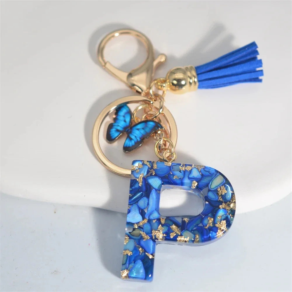 Modischer blauer glasierter Stein, A bis Z, Buchstaben-Schlüsselanhänger, 26 Initialen, Alphabet, Schmetterling, Quaste, Anhänger, Auto-Schlüsselanhänger, Damenschmuck, Geschenke