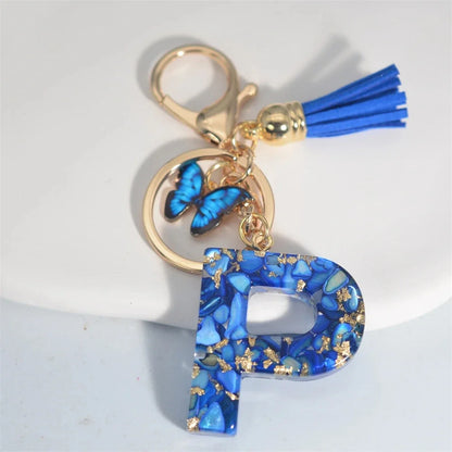 Modischer blauer glasierter Stein, A bis Z, Buchstaben-Schlüsselanhänger, 26 Initialen, Alphabet, Schmetterling, Quaste, Anhänger, Auto-Schlüsselanhänger, Damenschmuck, Geschenke