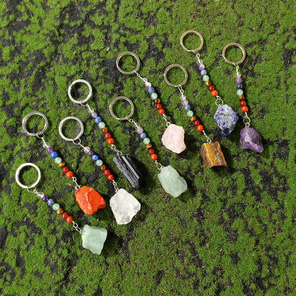 1 Stück natürlicher Kristall-Schlüsselanhänger mit sieben Chakra, Kristall-Rohstein-Anhänger, handgefertigter Schmuck, Festival-Geschenk