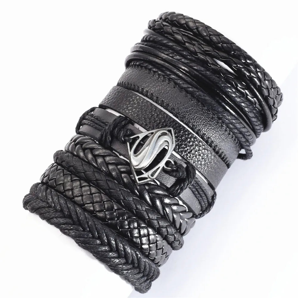 10 Pcs/Set Black Wrap Woven New Fashion Handmade Men Bracelets Male Women Leather Bracelets Men Bangle Wholesale Jewelry Gift